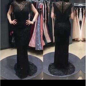 Black Beaded Fringe Maxi Dress with Sheer Lace Yoke